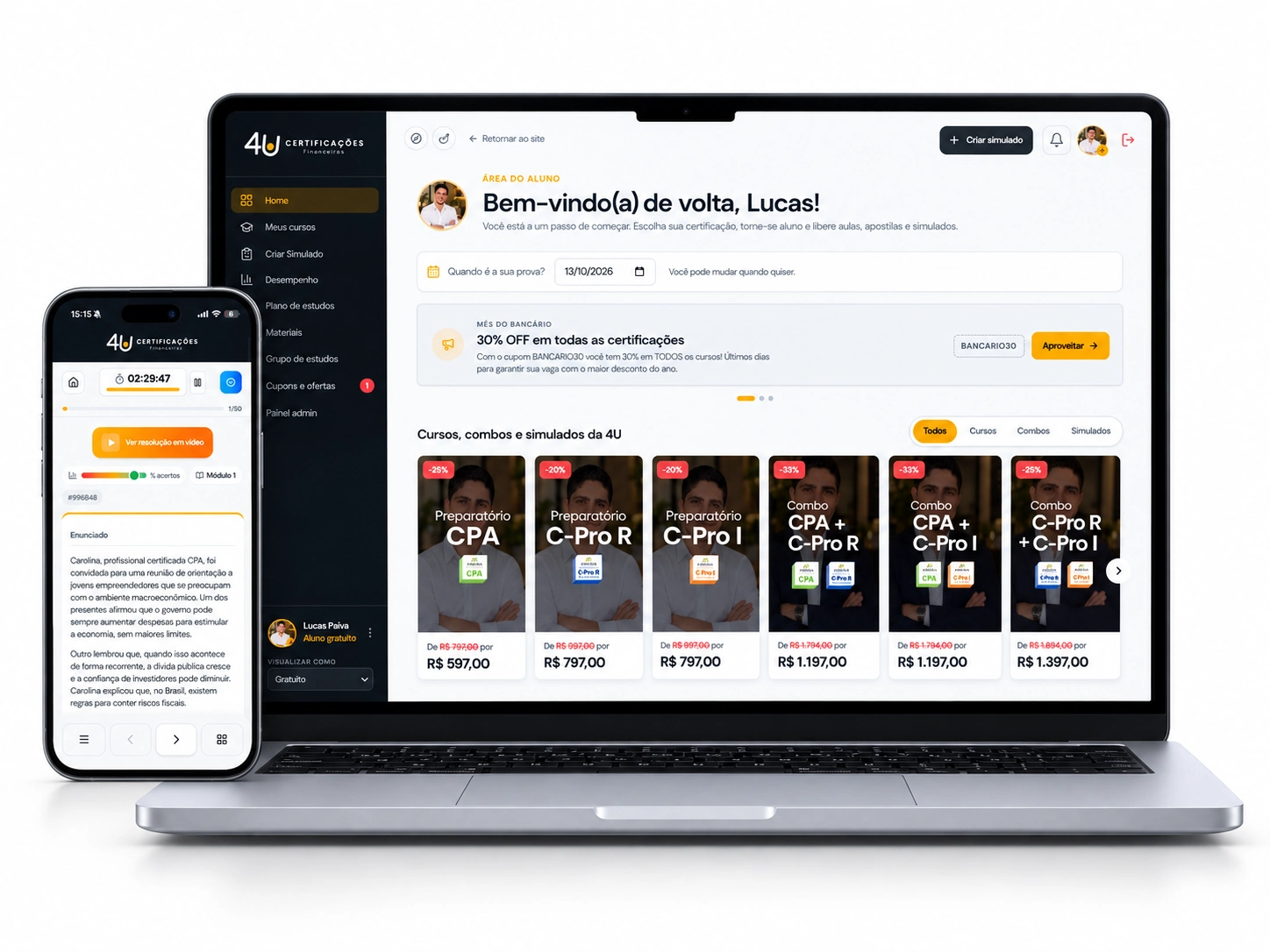 Plataforma 4U Certificações exibida em notebook e celular